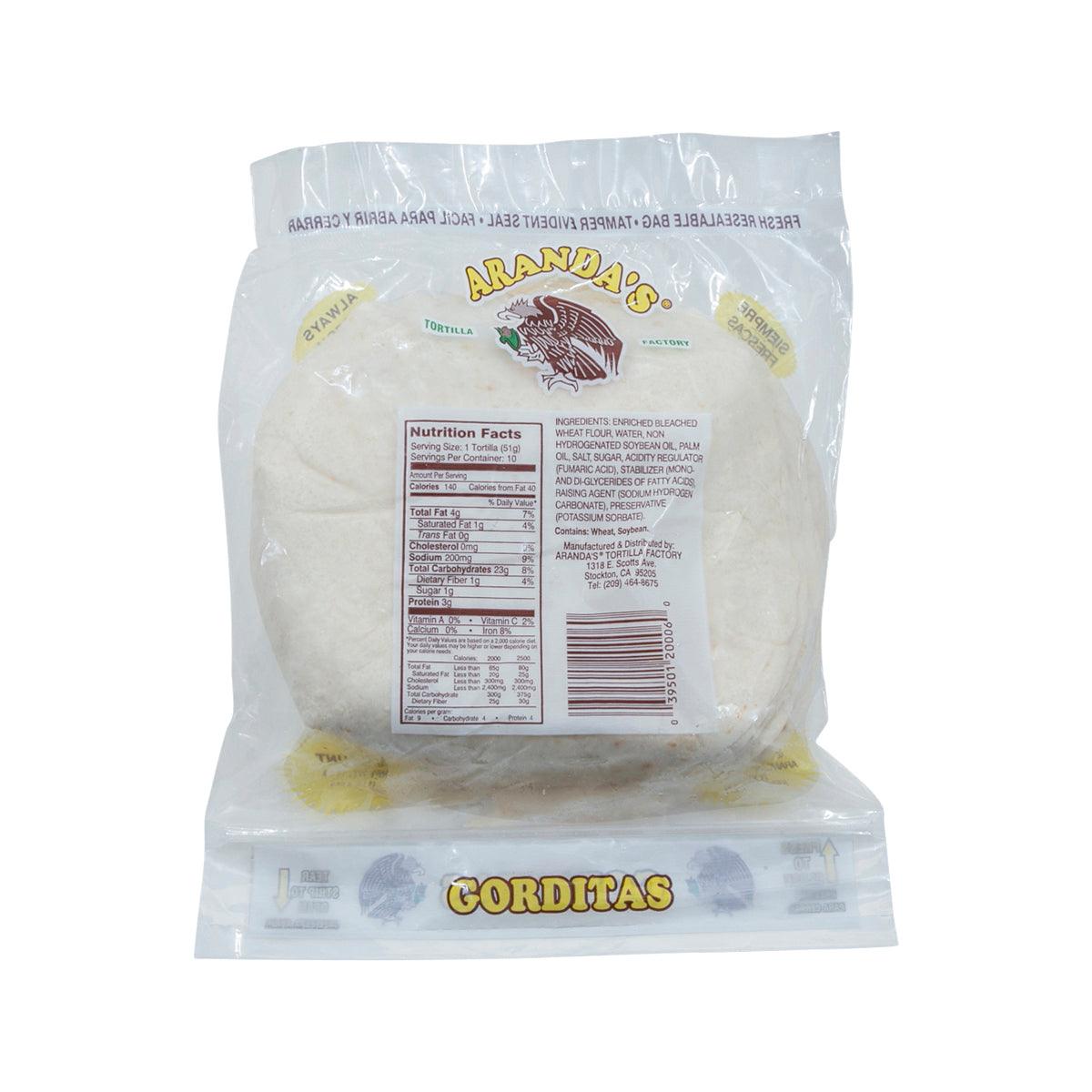 ARANDA'S flour tortillas pouch with nutrition facts and barcode panel