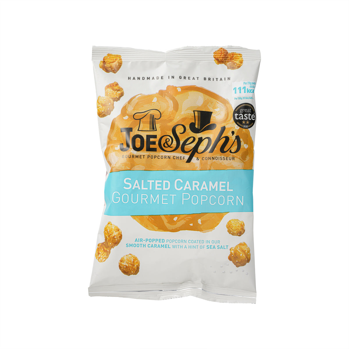 Salted caramel gourmet popcorn bag with caramel design and JOE & SEPH'S branding