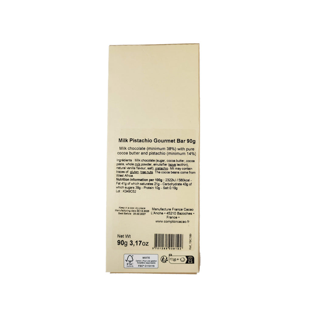 Comptoir du Cacao pistachio milk chocolate bar wrapper back with 90 g details