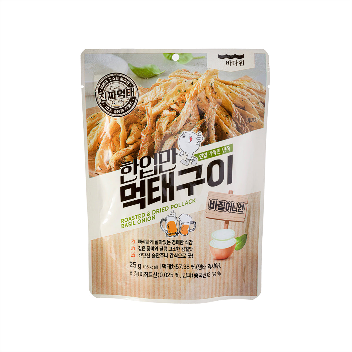 Roasted dried pollack snack pouch, basil-onion flavor, front with shredded fish