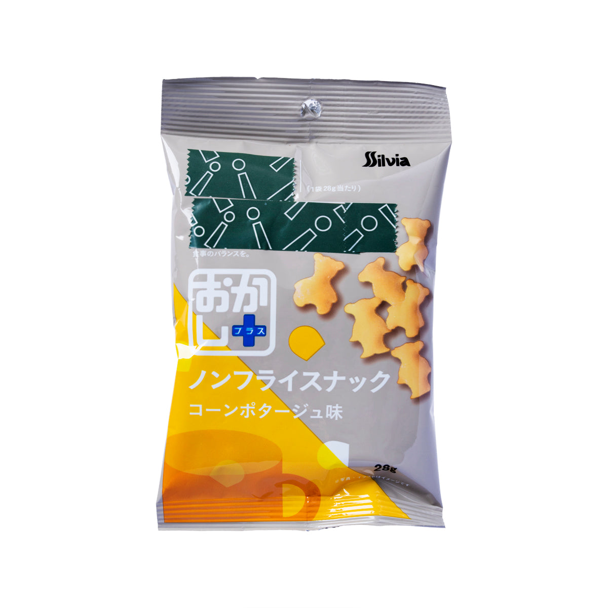 Silvia corn potage non-fried snack bag with cracker shapes and yellow flavor graphic.