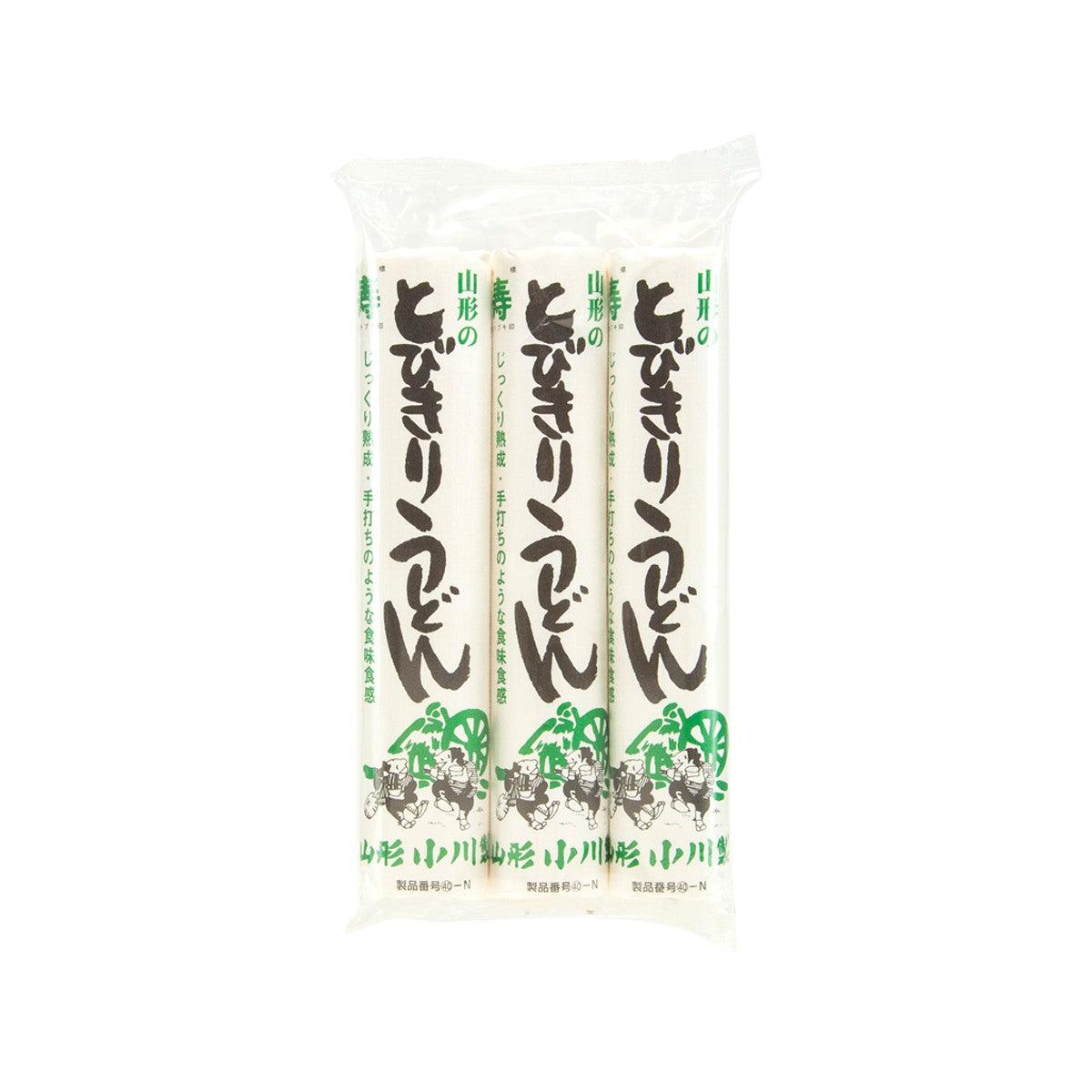 Flat udon noodle bag, white packaging with green Japanese text