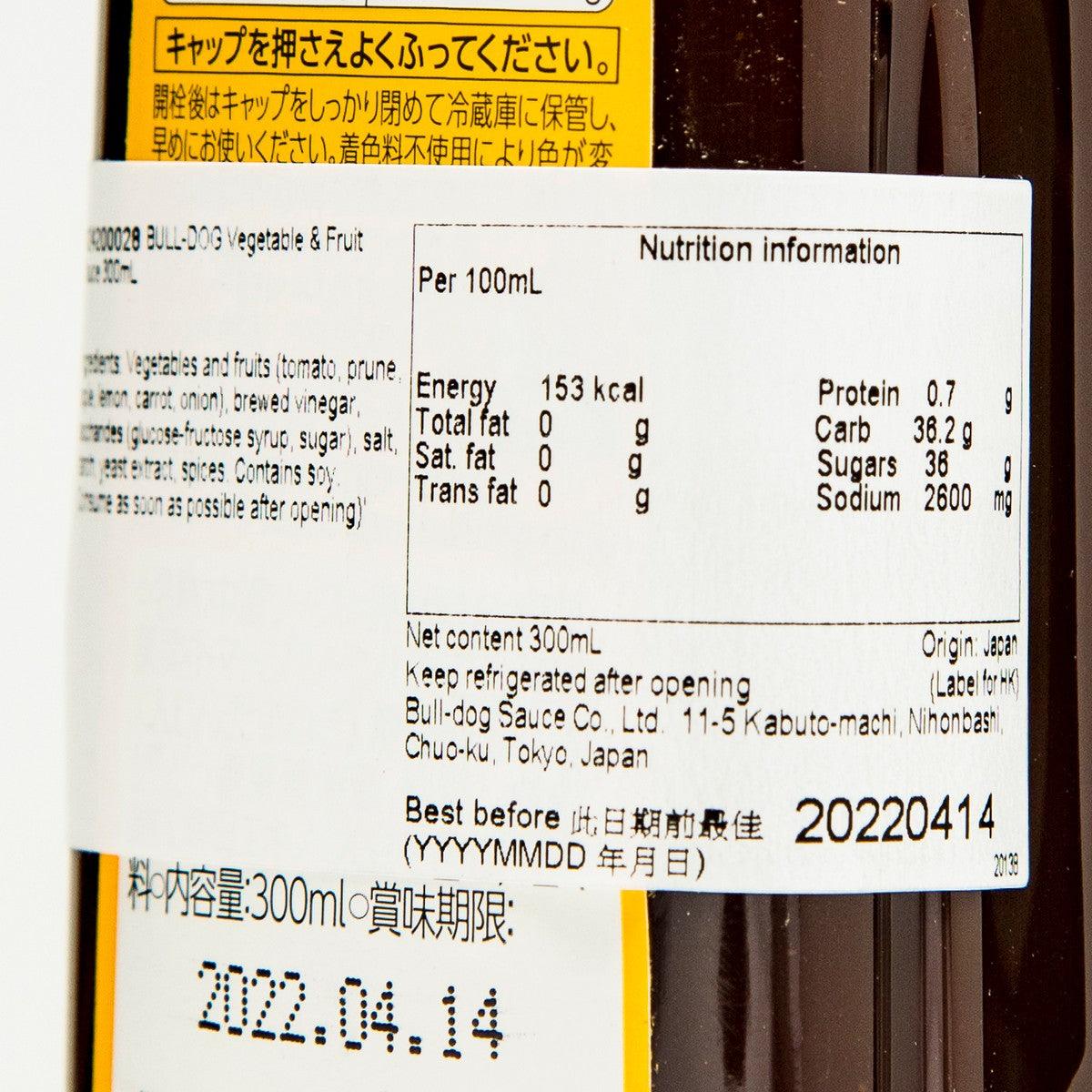 BULL-DOG vegetable & fruit sauce nutrition label, per 100 mL, 300 mL bottle