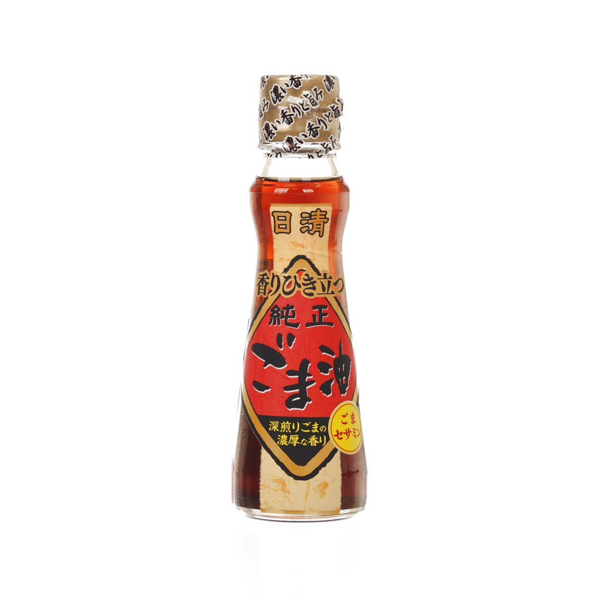 Sesame oil bottle with red label and glass container, sealed cap