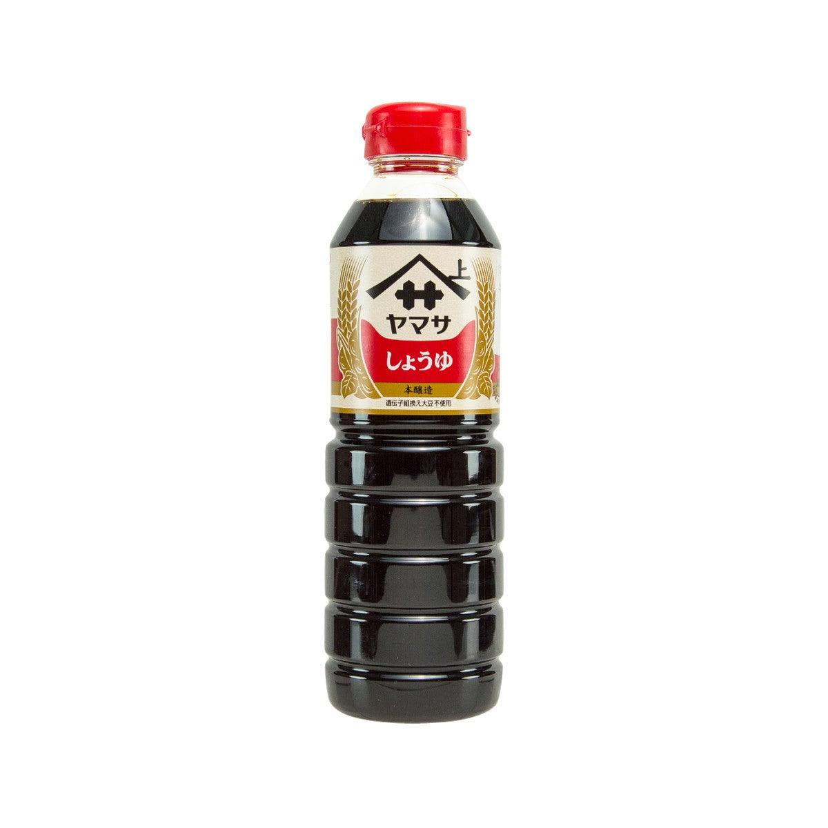 Japanese soy sauce bottle with red cap and front label, 500 mL
