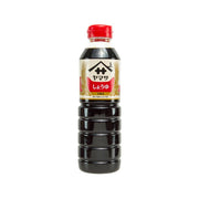 Japanese soy sauce bottle with red cap and front label, 500 mL