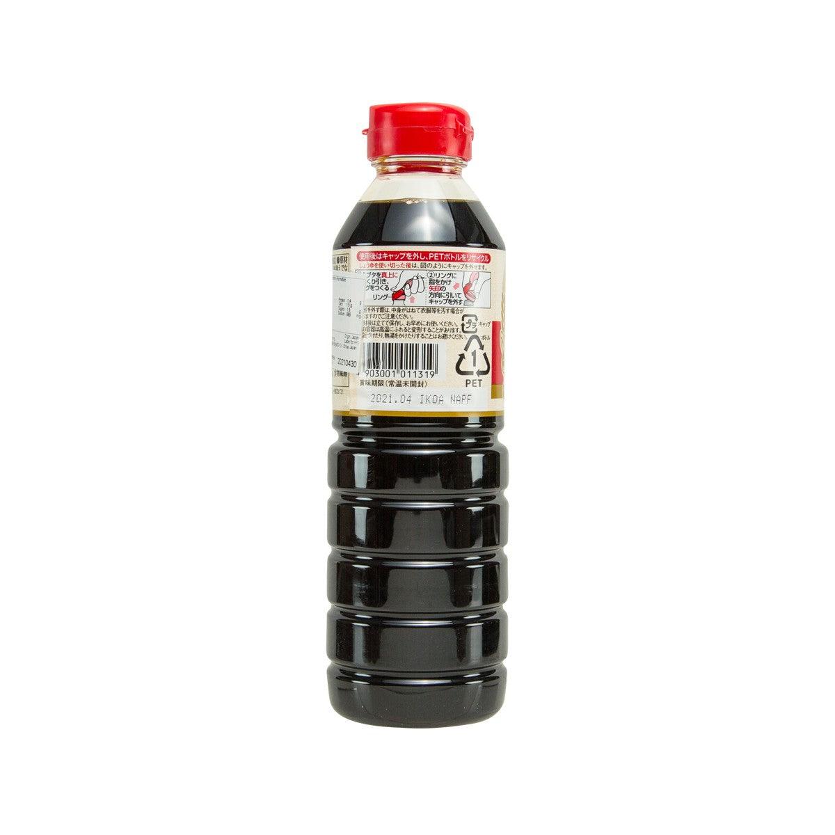 Japanese soy sauce bottle with red cap and back label, 500 mL