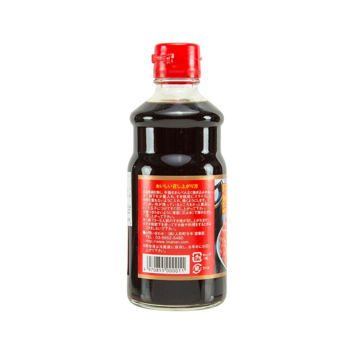 Sukiyaki soup base bottle with red cap, back label, dark brown liquid, 360 g