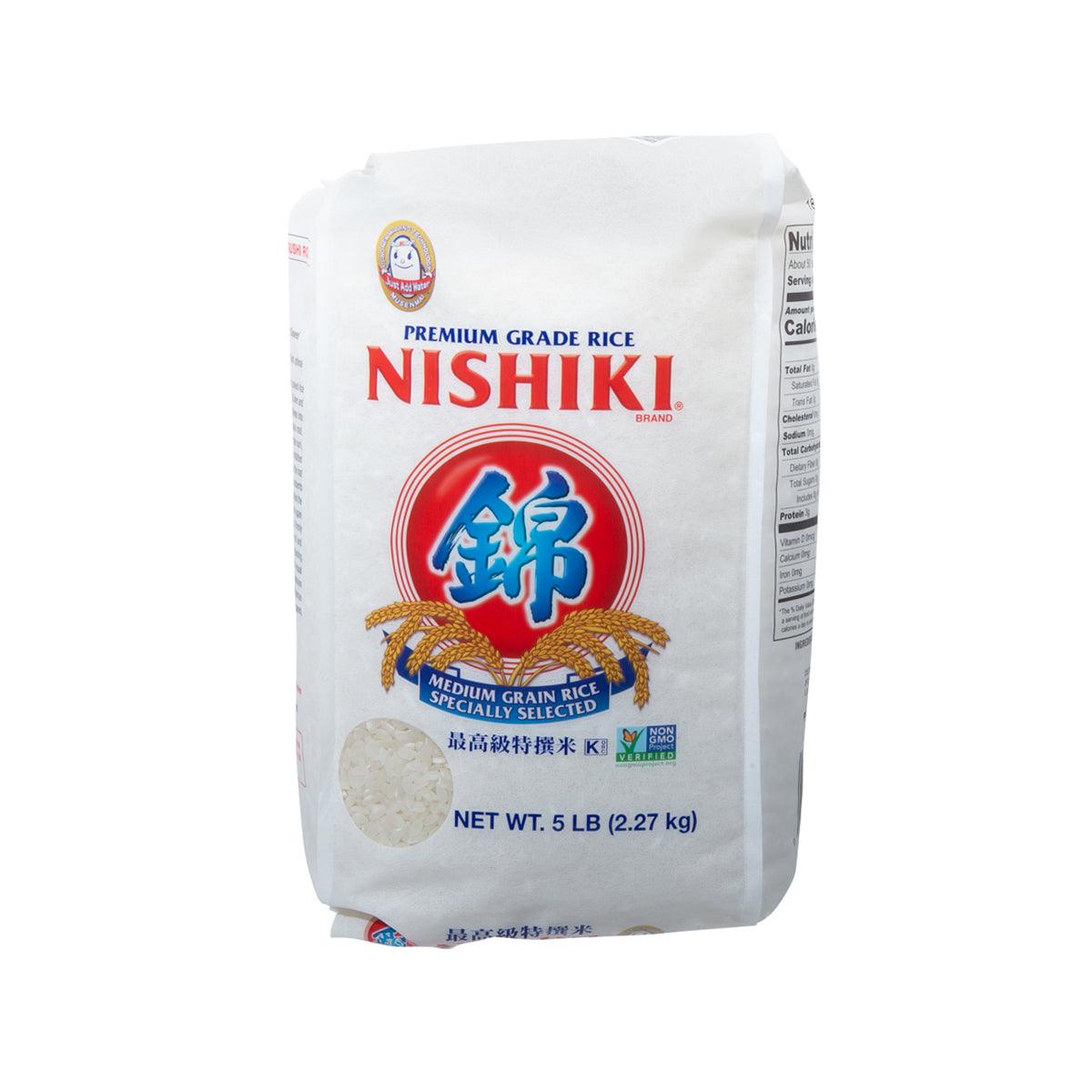 NISHIKI medium grain rice bag (2.27 kg), white rice, front label view