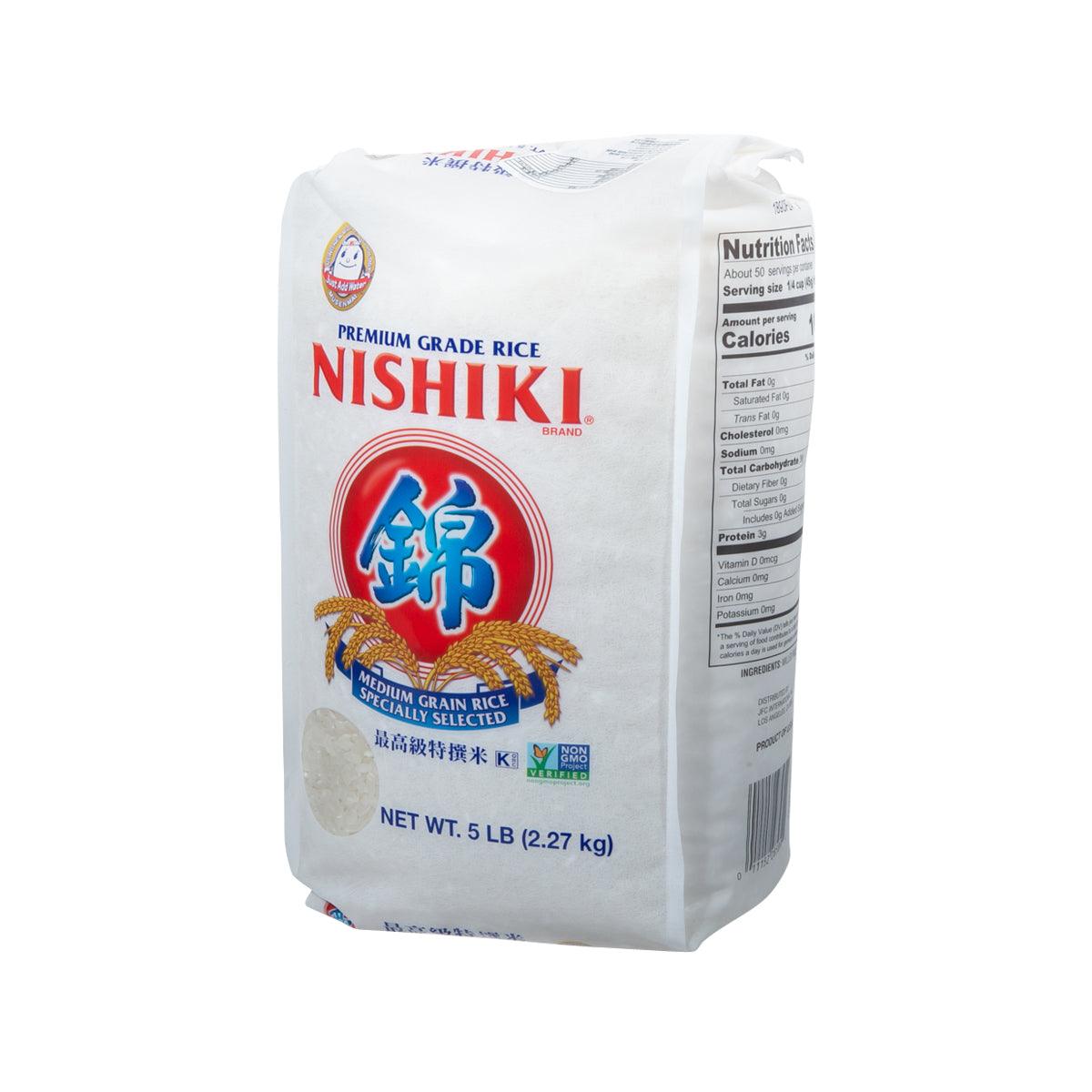 Medium grain rice bag with NISHIKI label and nutrition facts panel, 2.27 kg