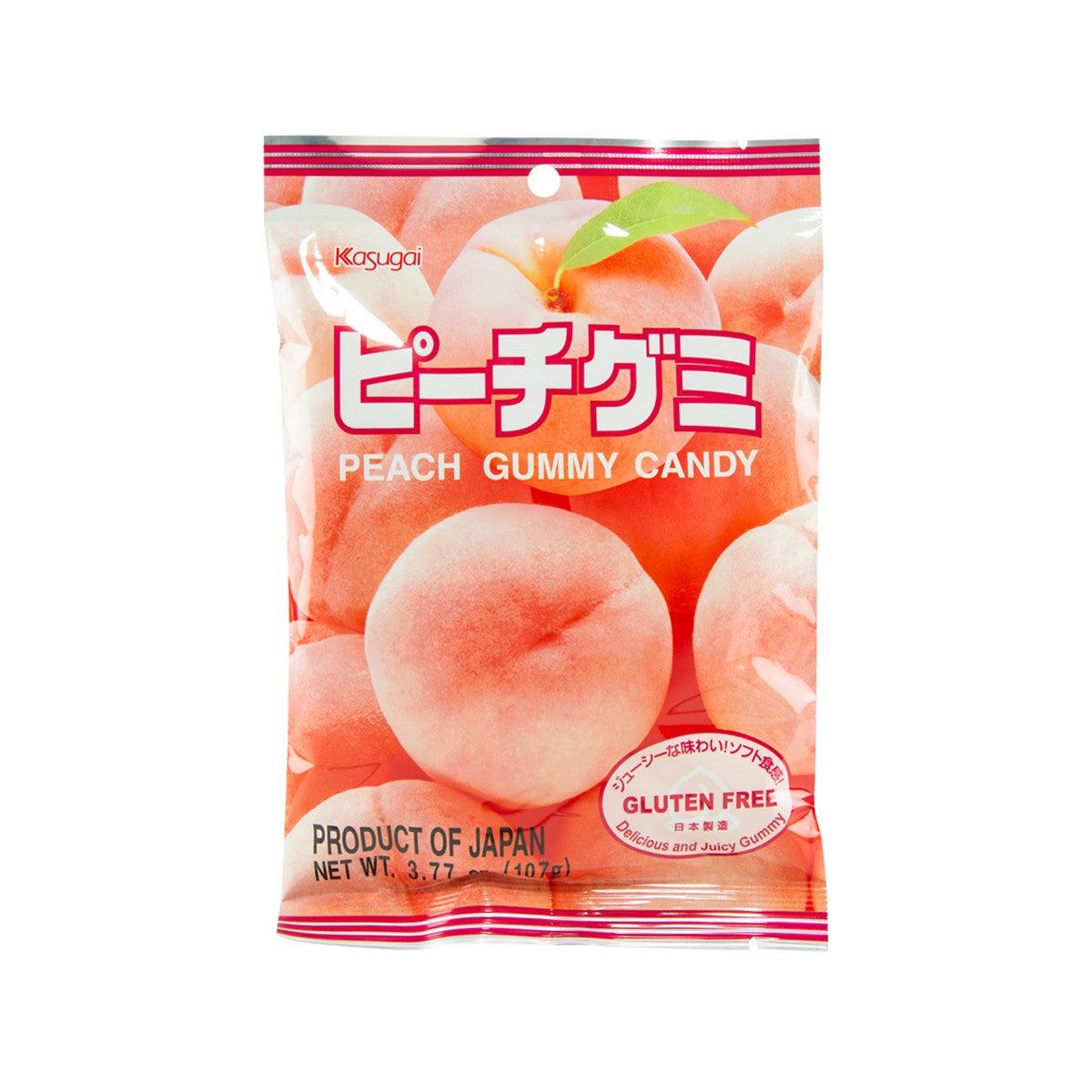 KASUGAI peach gummy candy bag, peach-colored gummies; gluten-free label