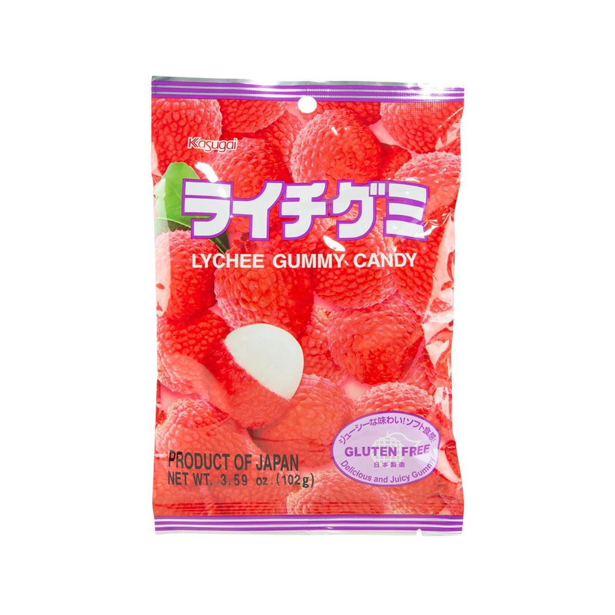 KASUGAI lychee gummy candy bag with red gummies and gluten-free seal