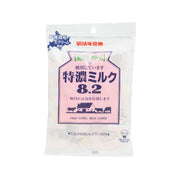 Milk candy pouch, UHA 8.2, white bag with blue label and green banner