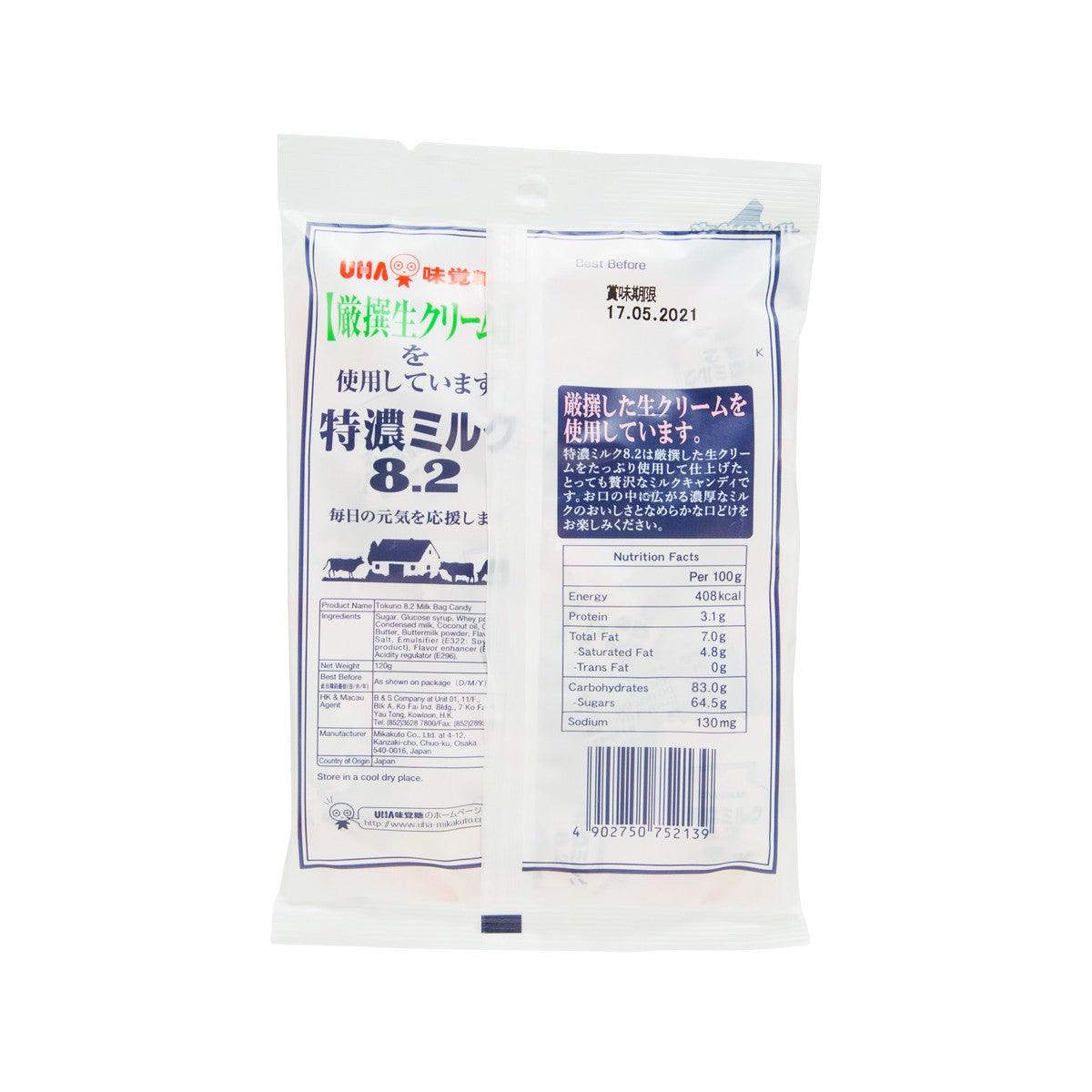 Milk candy pouch back with nutrition panel and text on white bag, UHA 8.2