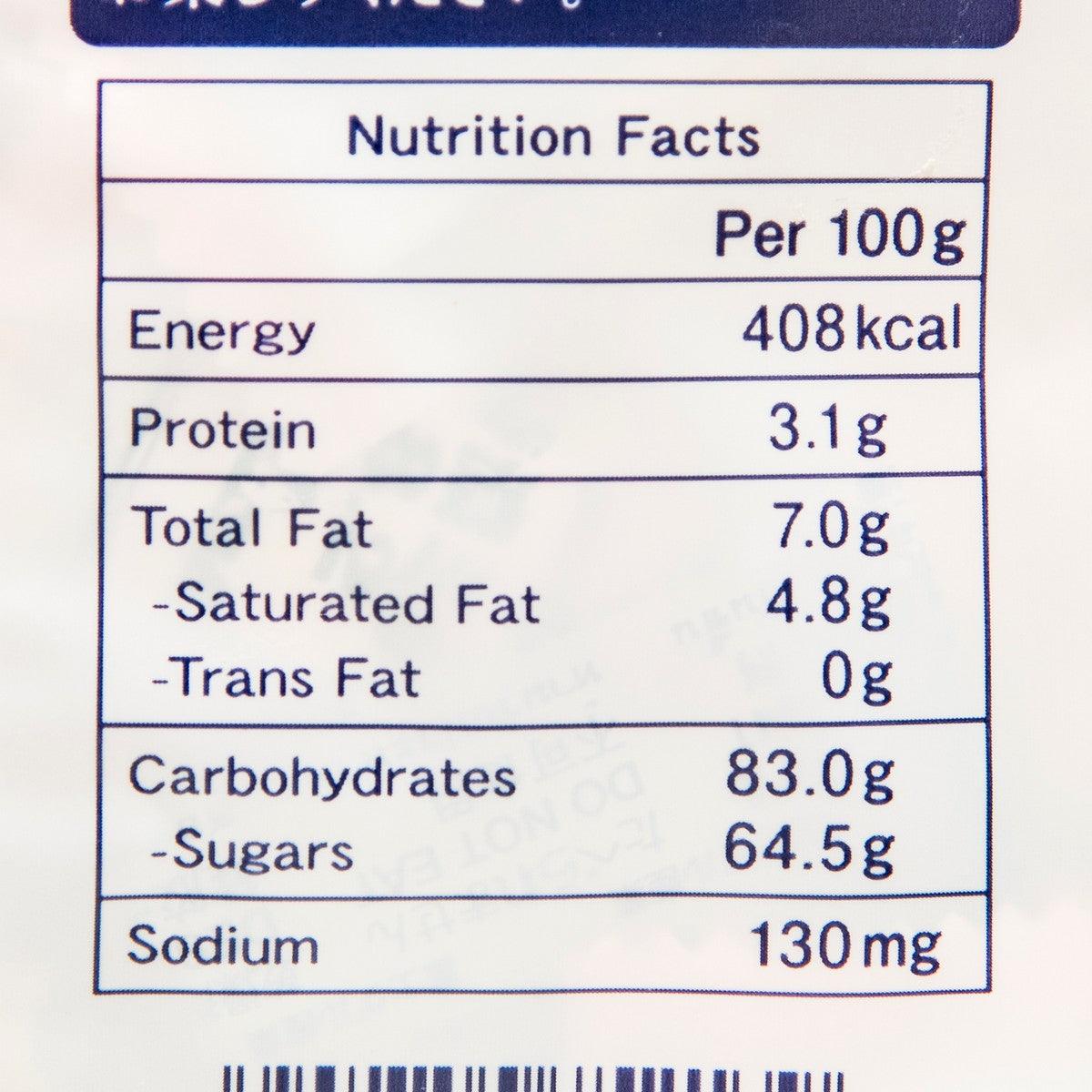 Nutrition facts label: 408kcal per 100g, milk candy