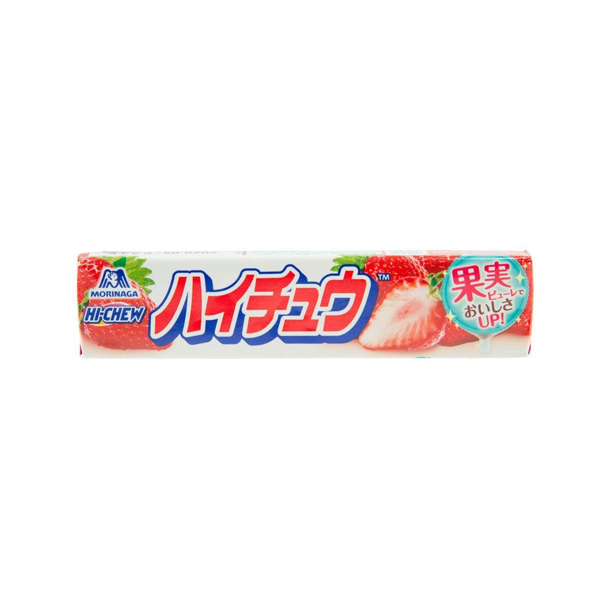 MORINAGA Hi-Chew strawberry candy pack, rectangular wrapper with fruit graphics