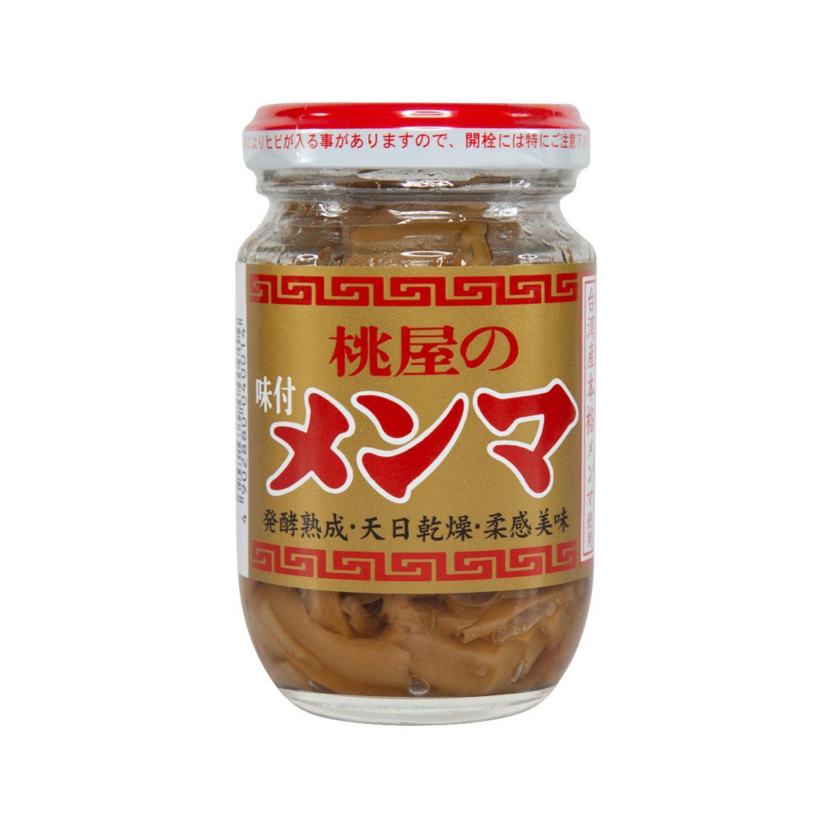 MOMOYA seasoned bamboo shoots in glass jar with red label, brown shoots inside.
