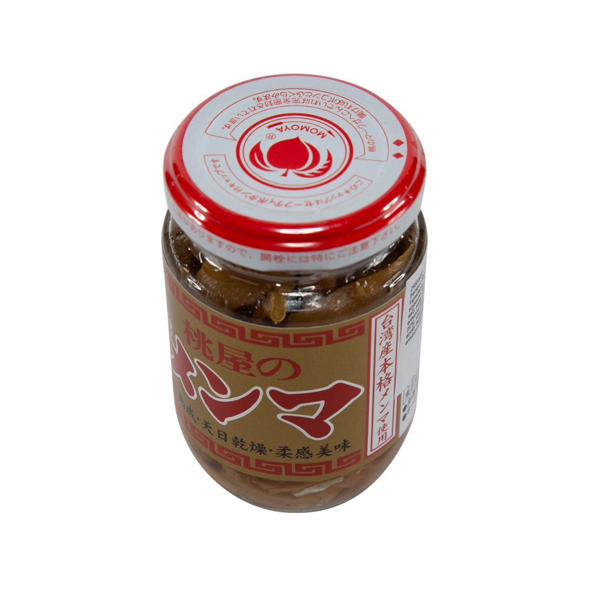 MOMOYA seasoned bamboo shoots glass jar with red lid and red brand label.
