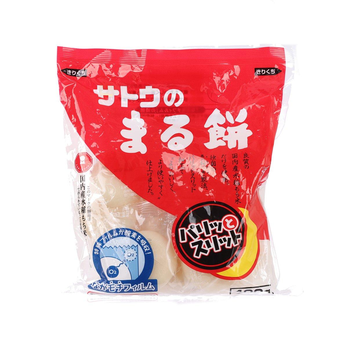 SATO FOODS round rice cake pouch, red front with blue logo