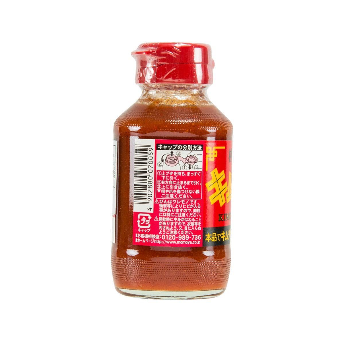 MOMOYA kimchi base bottle with back label, red cap, amber-brown liquid