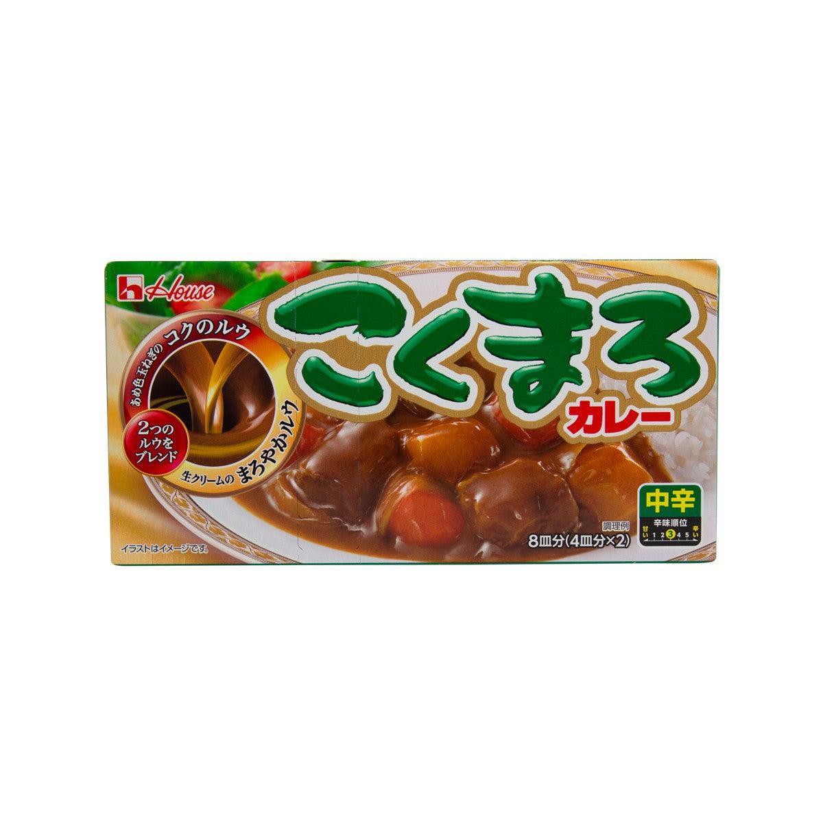 HOUSE curry roux medium hot, 145g box with green curry graphic and brown sauce