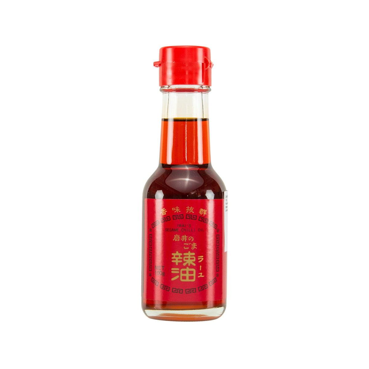 IWAI sesame chilli oil bottle, red cap and clear glass with red oil