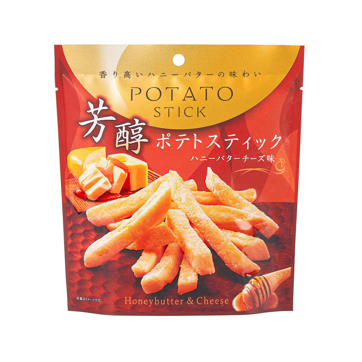Potato stick snack bag with honey butter & cheese label and orange sticks graphic