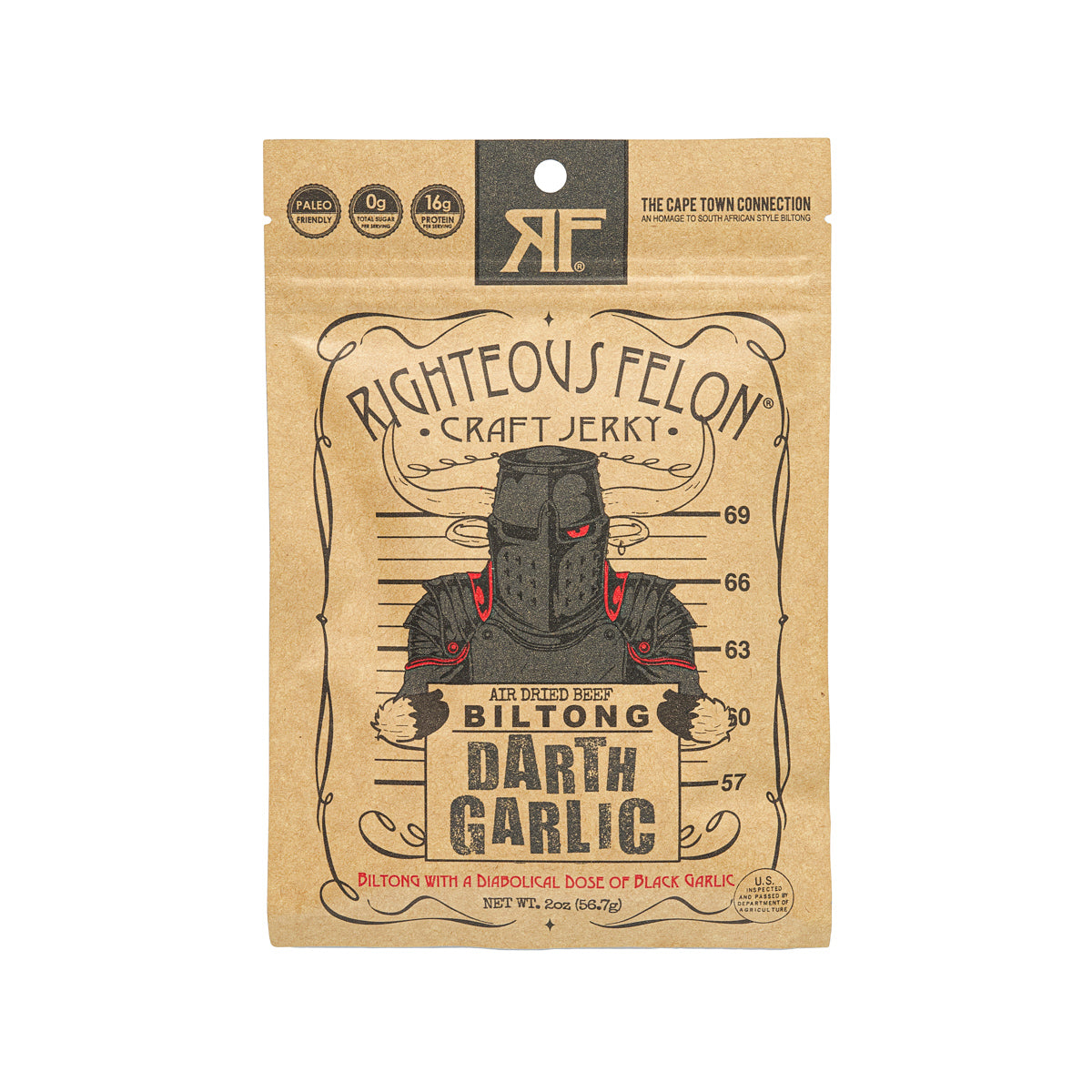Air-dried biltong jerky pouch, Darth Garlic themed, black and tan package front