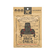 Air-dried biltong jerky pouch, Darth Garlic themed, black and tan package front