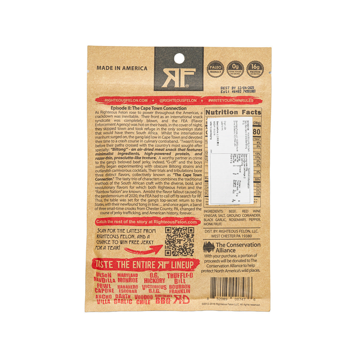 Air-dried biltong jerky pouch back panel with ingredients and nutrition details