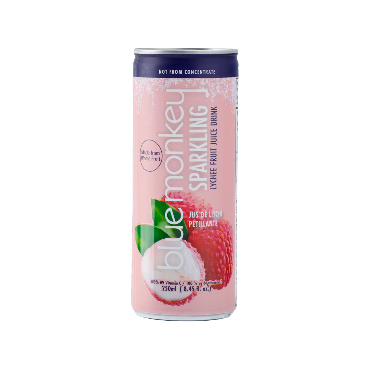 Sparkling lychee juice drink can, 250 mL, pink label with purple top