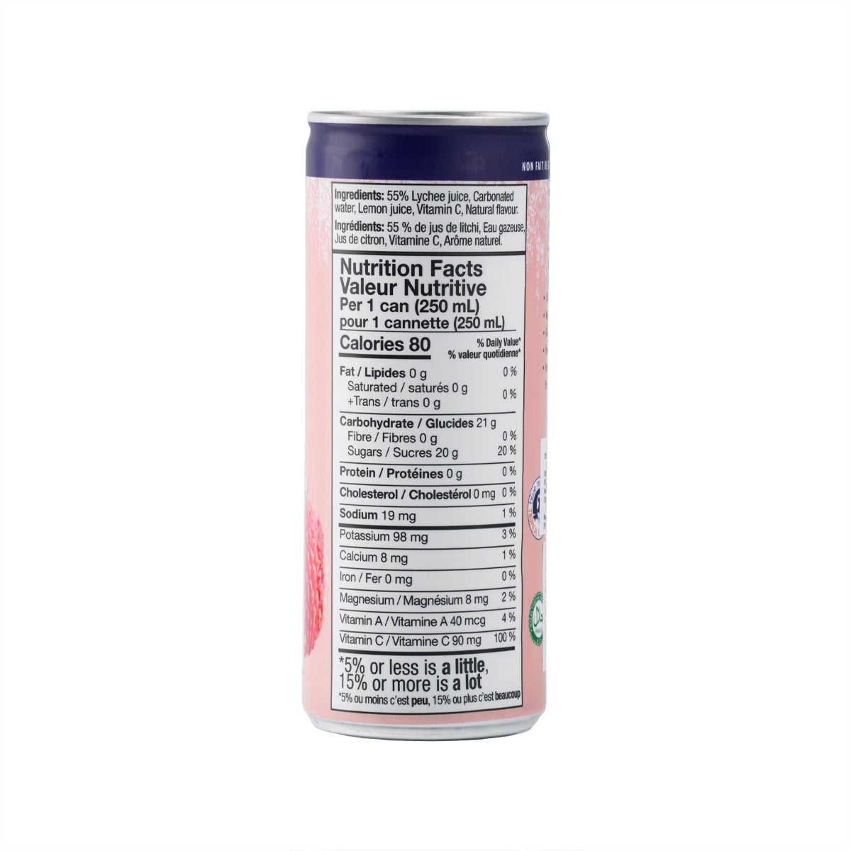 Sparkling lychee juice drink can, 250 mL, back panel Nutrition Facts