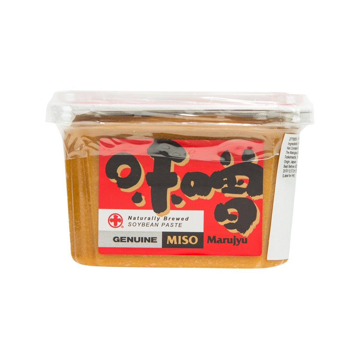MARUJYU genuine miso paste in clear plastic jar with red label, 500 g