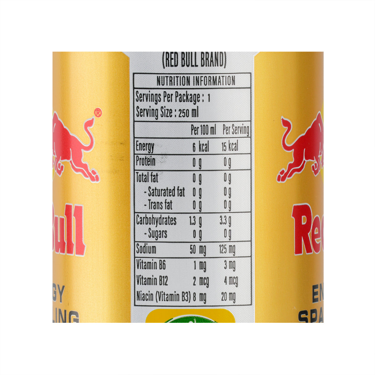 Red Bull sparkling energy drink can nutrition facts label close-up
