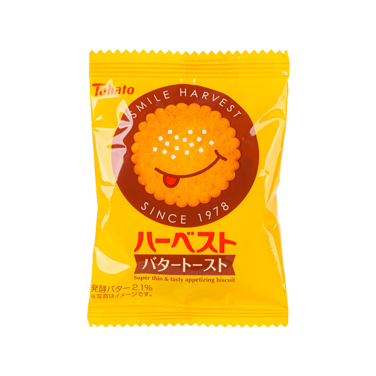TOHATO butter toast flavor biscuit snack bag with smiling mascot, sealed