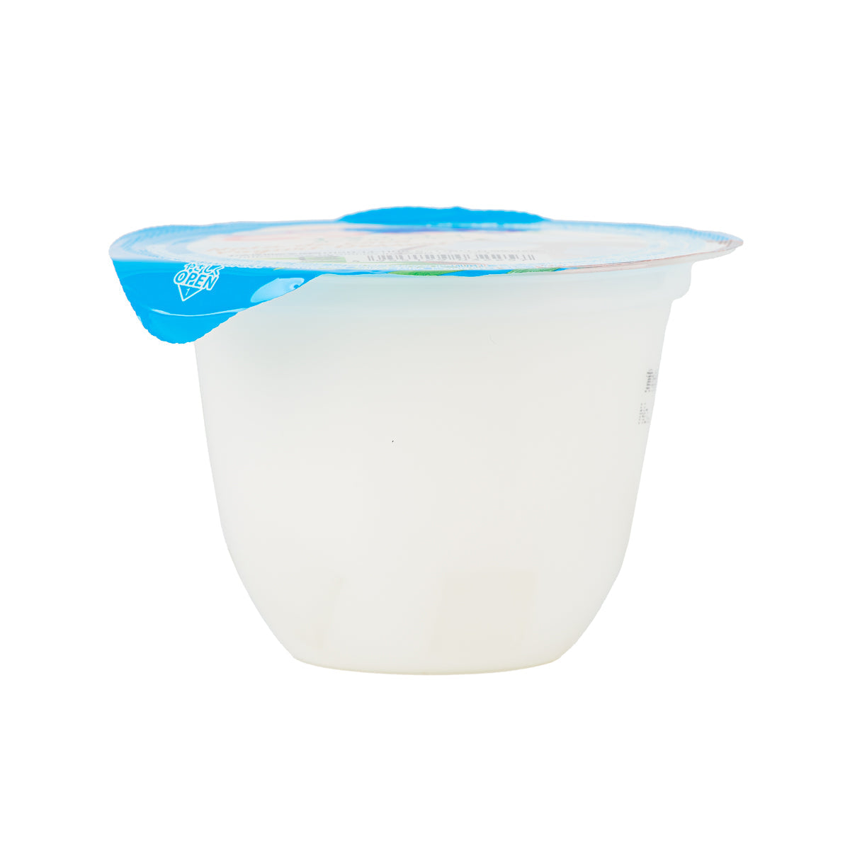 Nata de coco yogurt dessert cup, white container with blue rim and plastic lid