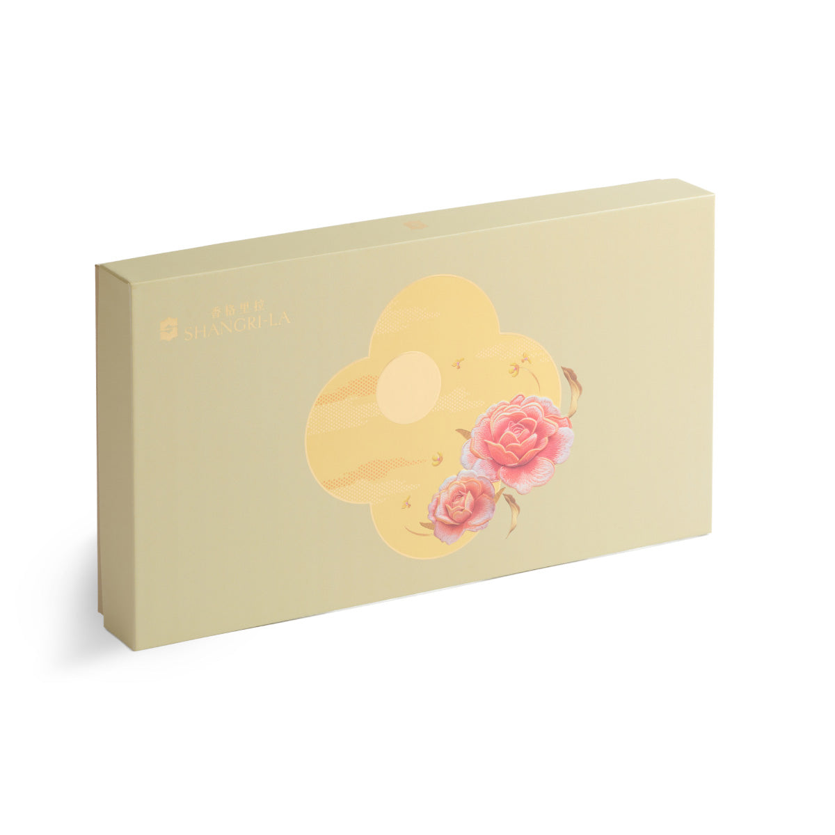 Beige gift box for mini mooncakes with pastel floral and lotus design on the front