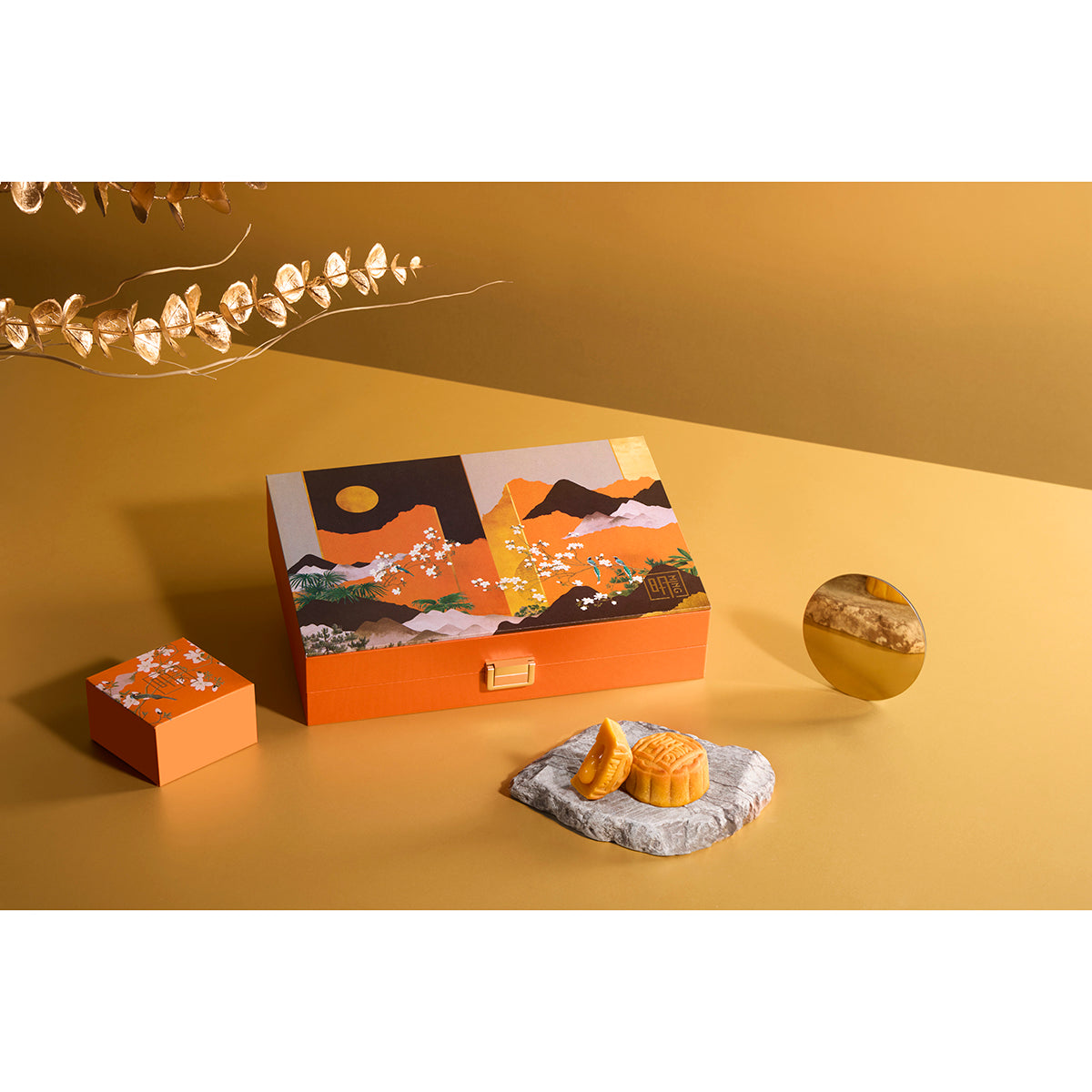Mini egg yolk lava custard mooncake gift box with orange sleeve and 1 pastry
