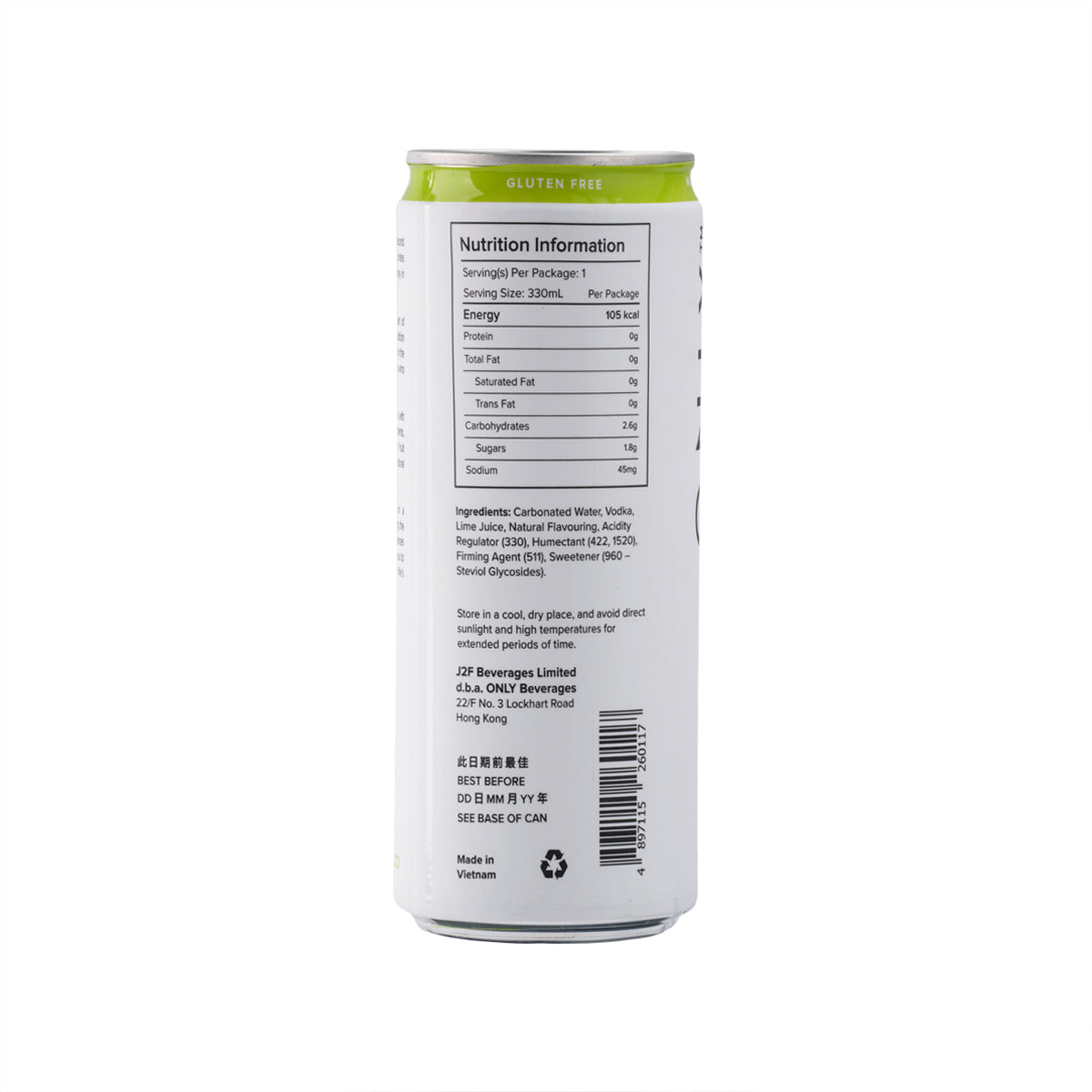 Lime vodka soda can, 330 mL, back label with nutrition and ingredients