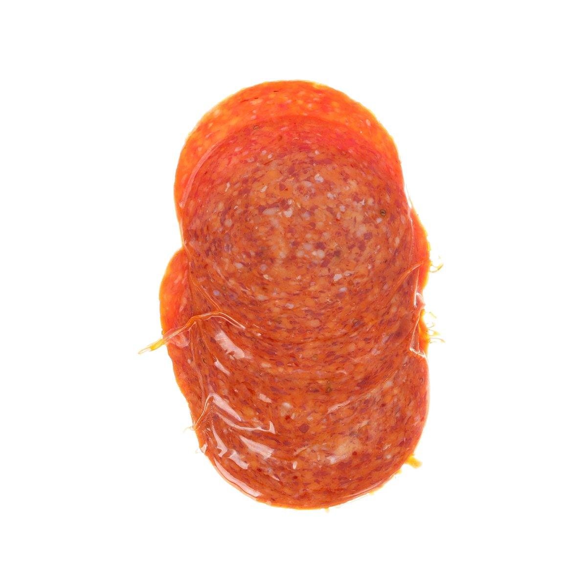 Pepperoni sausage slice, reddish-orange with visible pepper speckles