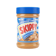 SKIPPY reduced-fat peanut butter spread jar with blue lid and super chunk label