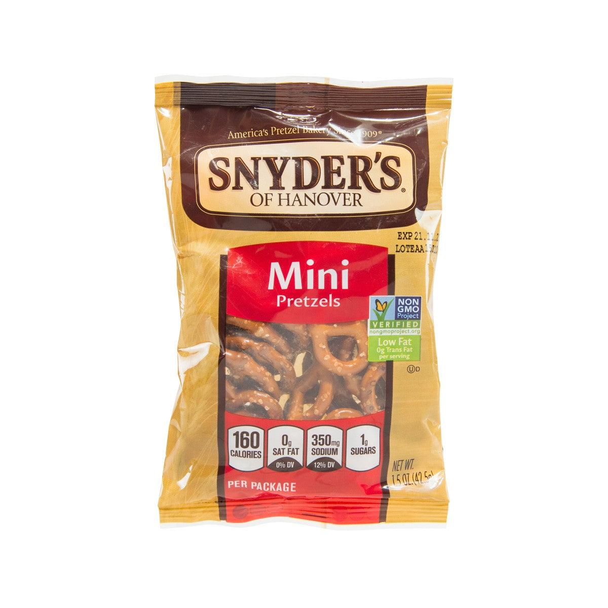 SNYDER'S Mini Pretzels snack bag with clear window showing mini pretzels