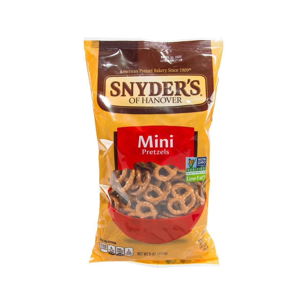 SNYDER'S Mini Pretzels bag with clear window showing brown mini pretzels