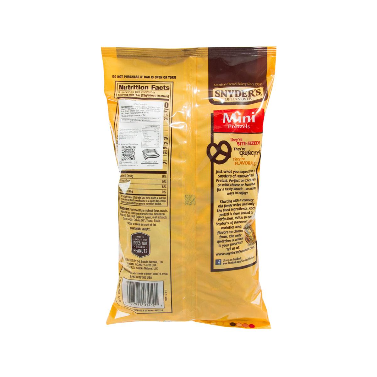 SNYDER'S Mini Pretzels package back with nutrition facts and barcode