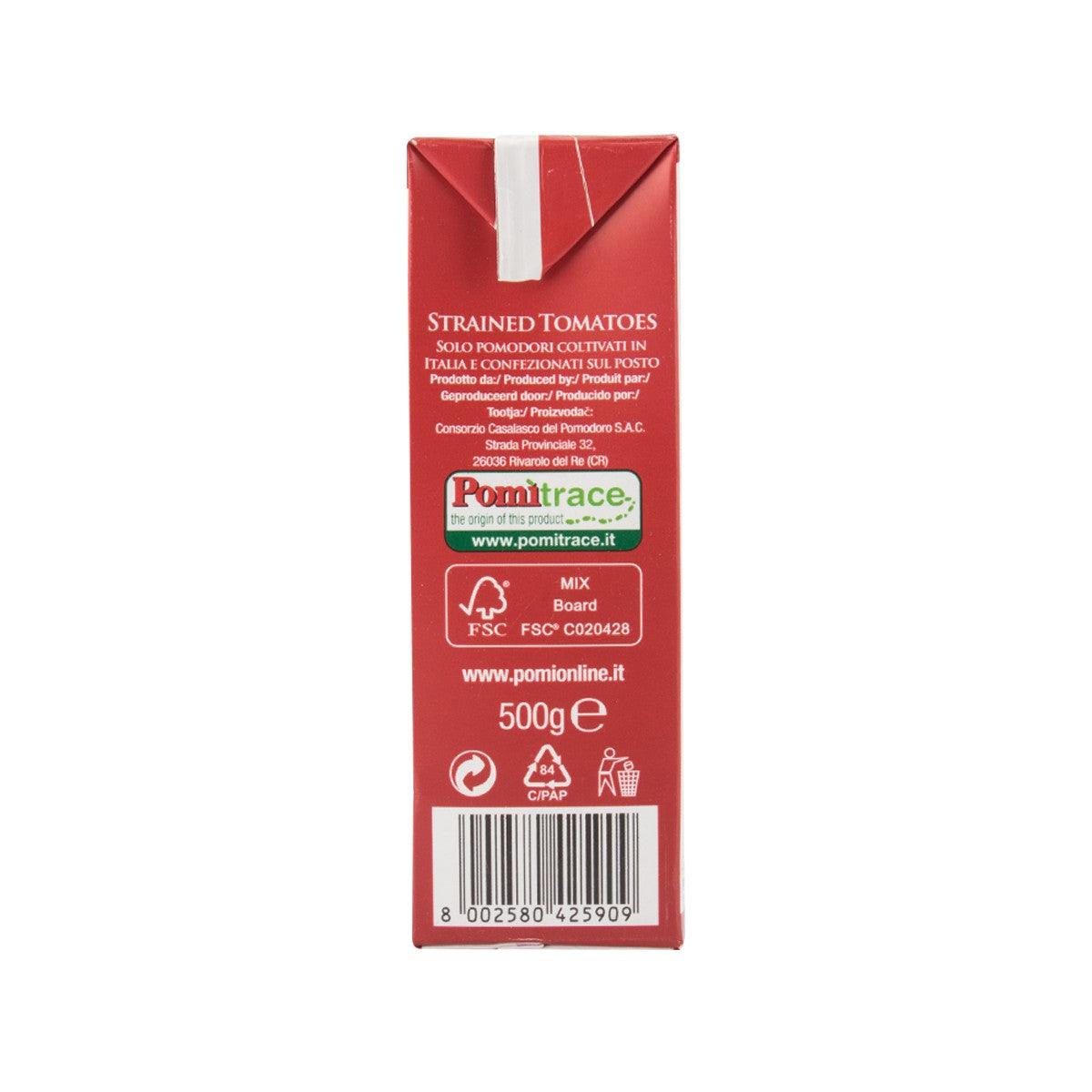 Parmalat strained tomatoes carton 500g, barcode and certification icons on back