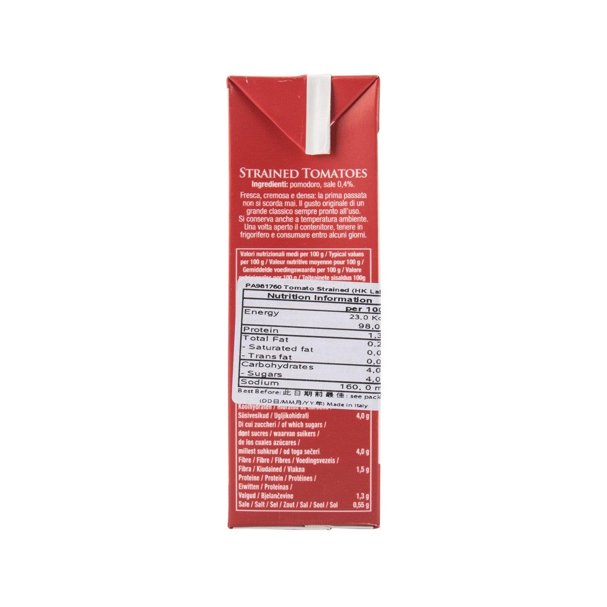 Parmalat strained tomatoes carton 500g, nutrition facts panel with serving data