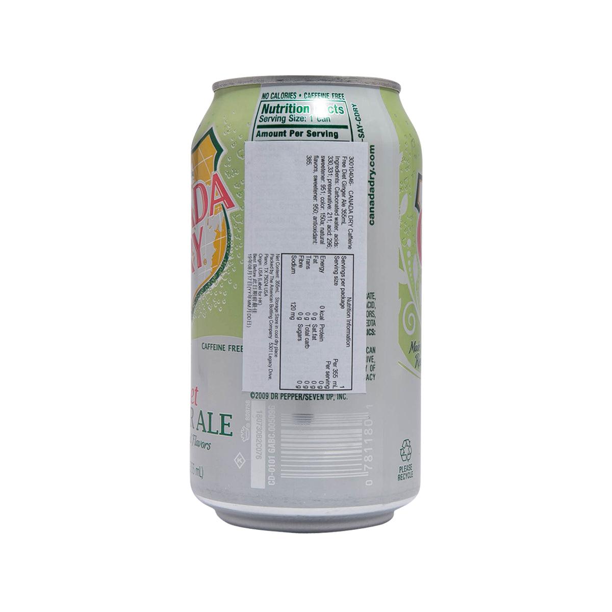 Canada Dry diet ginger ale can back, nutrition facts and caffeine-free info