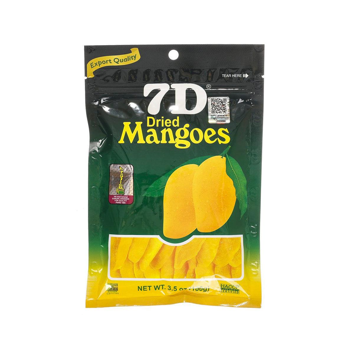 Dried mangoes pouch, 100g, yellow pack with mango slices and 7D logo