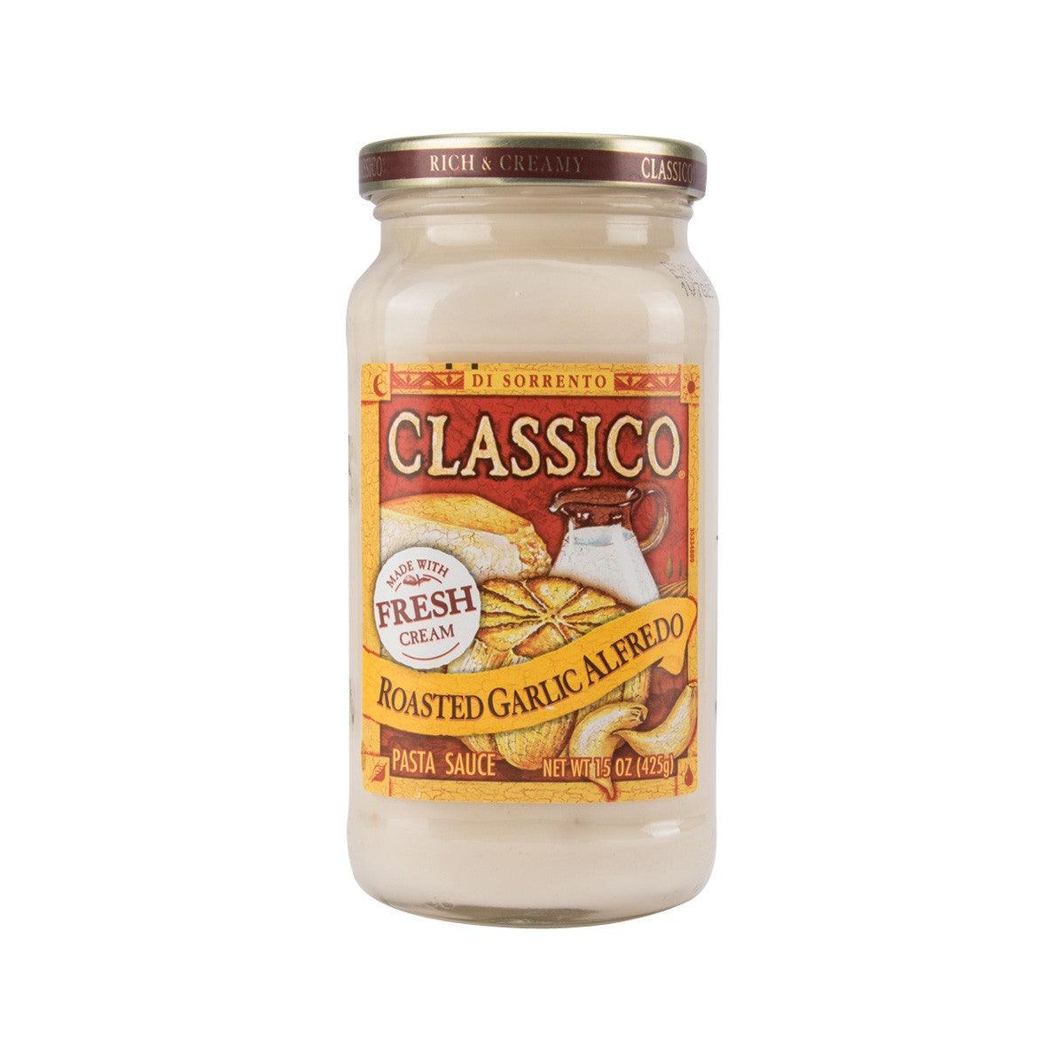 CLASSICO Roasted Garlic Alfredo pasta sauce jar with label and glass container