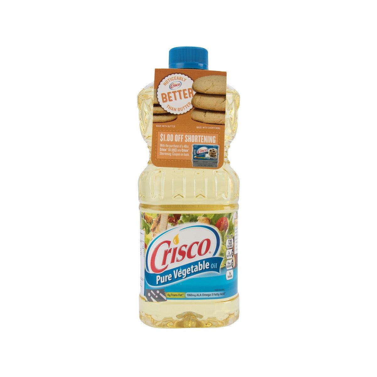CRISCO Pure Vegetable Oil bottle, 1.18L, blue cap and front label.